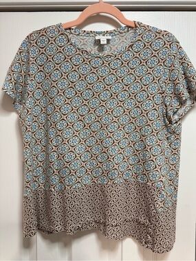 J. Jill Linen Brown and Light Blue Patterned Short Sleeve Tee